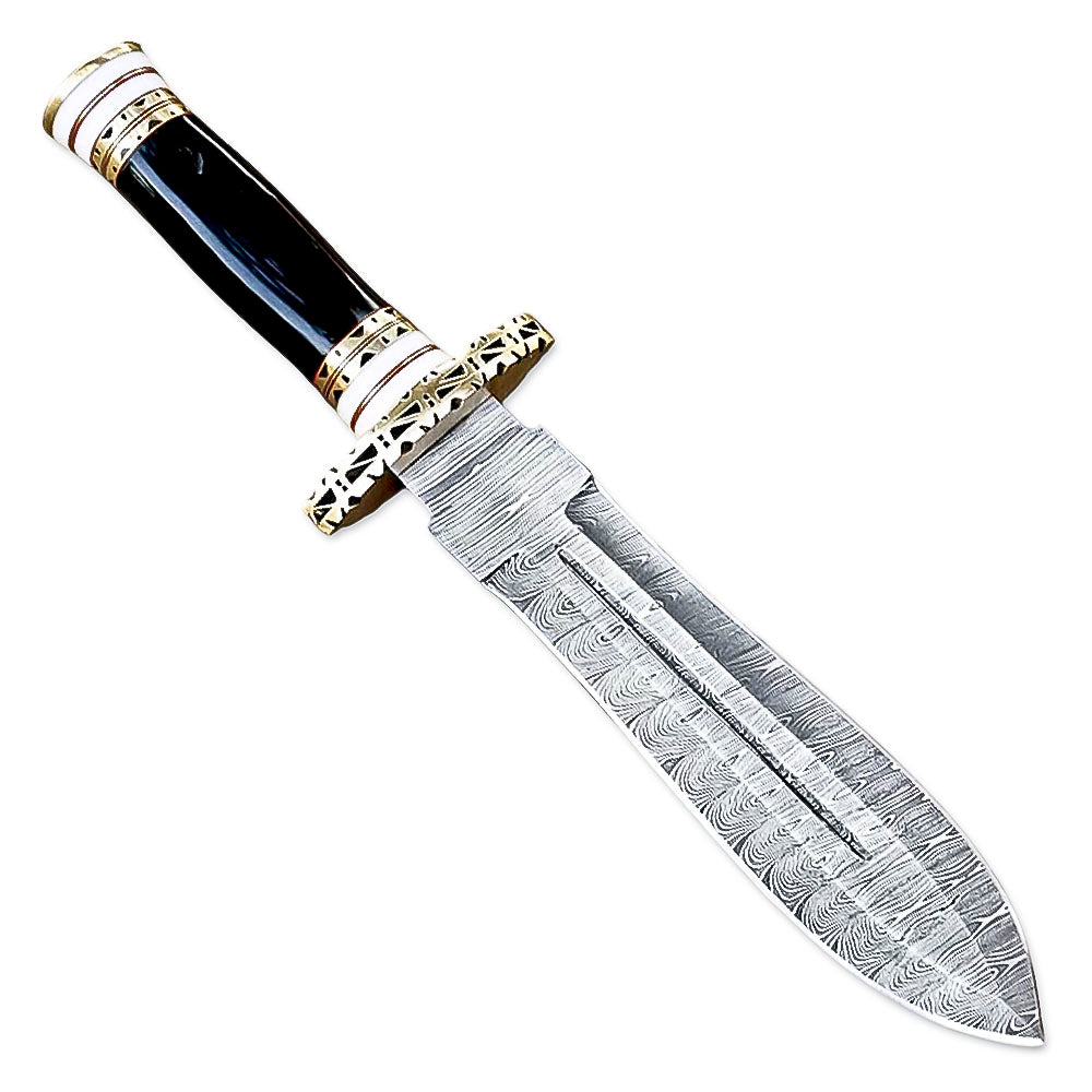 12" Handmade Damascus Steel Dagger Knife With Leather Sheth- Bone & Buffalo Horn Handle - propswords
