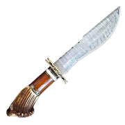 15” Handmade Damascus Steel Rat-Tail Bowie Knife Stag Antler& Rose wood Handle With Leather Sheath