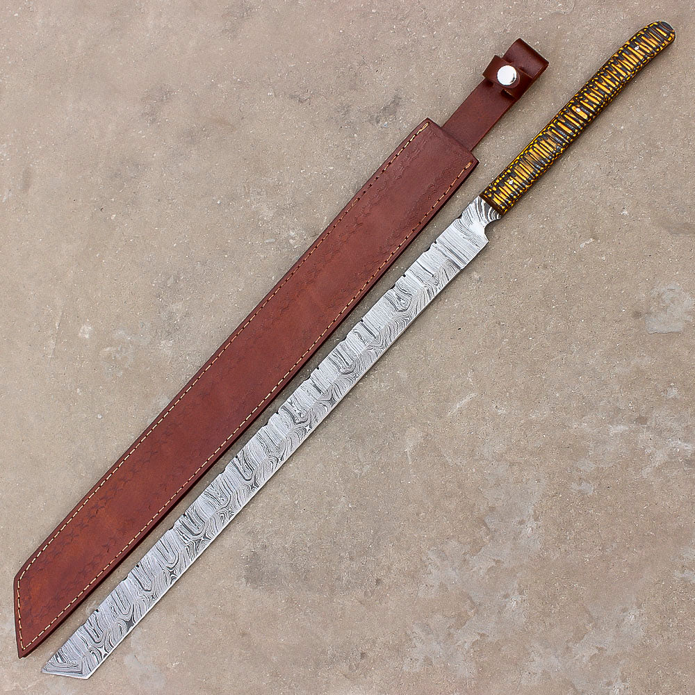28" Stunning Full Tang Damascus Steel Machete Sword With Leather Sheath-Camping,Hunting,Outdoor - propswords
