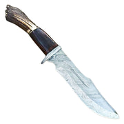 12" Handmade Damascus Steel Rat-Tail Bowie Knife Outdoor Hunting Knife Stag Antler Handle With Leather Sheath