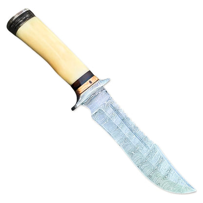13" Handmade Damascus Steel Rat-Tail Bowie Hunting Knife Bone Handle With Leather Sheath Outdoor, Camping, Fishing - propswords