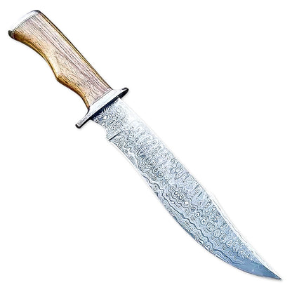 15" Handmade Damascus Steel Rat-Tail Bowie Knife Rose wood Handle With Leather Sheath