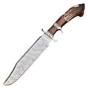 15" Handmade Damascus Steel Rat-Tail Bowie Hunting Knife Stag Antler Handle With Leather Sheath- Outdoor, Camping, Fishing, Hunting
