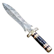13" HandForged Damascus Steel Rat-Tail Double Edge Dagger Knife Buffalo Horn & Bone Handle With Leather Sheath
