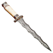 13" Handmade Damascu Steel Rat-Tail Duble Edge Kris Blade Dagger Knife Bone Handle With Leather Sheath