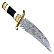 12” Hand Forged Damascus Steel Rat-Tail Bone & Buffalo Horn Handle Bowie Knife With Leather Sheath