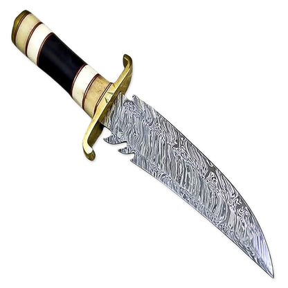12” Hand Forged Damascus Steel Rat-Tail Bone & Buffalo Horn Handle Bowie Knife With Leather Sheath - propswords