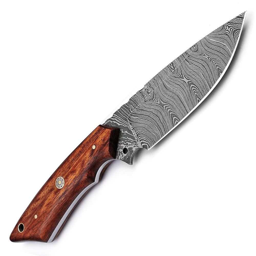 9" Damascus Steel Full Tang Hunting Knife Rose Wood Handle With Leather Sheath For Camping, Outdoor, Hunting, Fishing