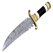 12” Hand Forged Damascus Steel Rat-Tail Bone & Buffalo Horn Handle Bowie Knife With Leather Sheath