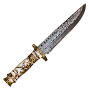 13” Handmade Damascus Steel Bowie Hunting Knife Texture Bone Handle With Leather Sheath