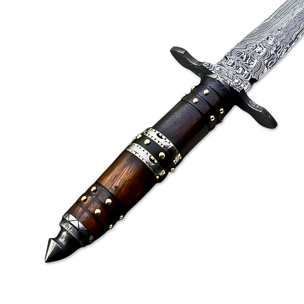 15" Handmade Damascus Steel Rat-Tail Double Edge Dagger Knife With Leather Sheath- Rose Wood Handle - propswords