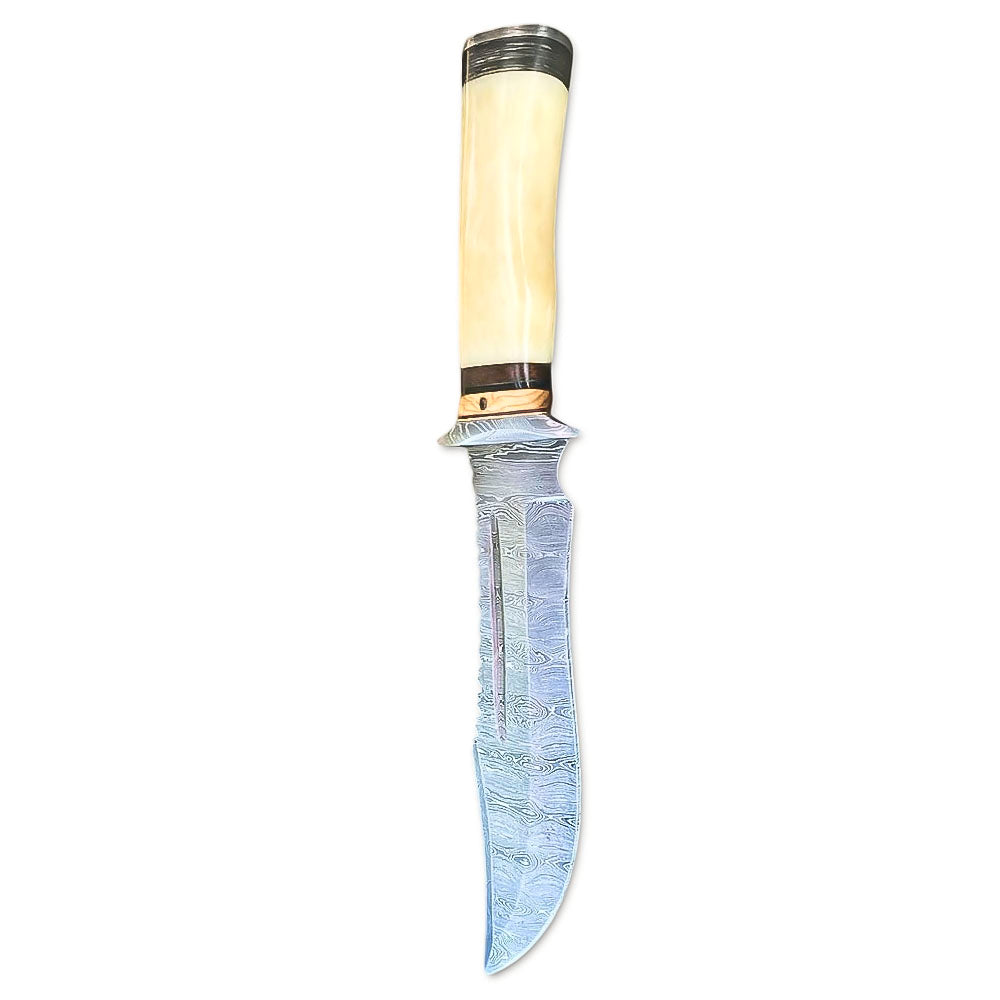 13" Handmade Damascus Steel Rat-Tail Bowie Hunting Knife Bone Handle With Leather Sheath Outdoor, Camping, Fishing - propswords
