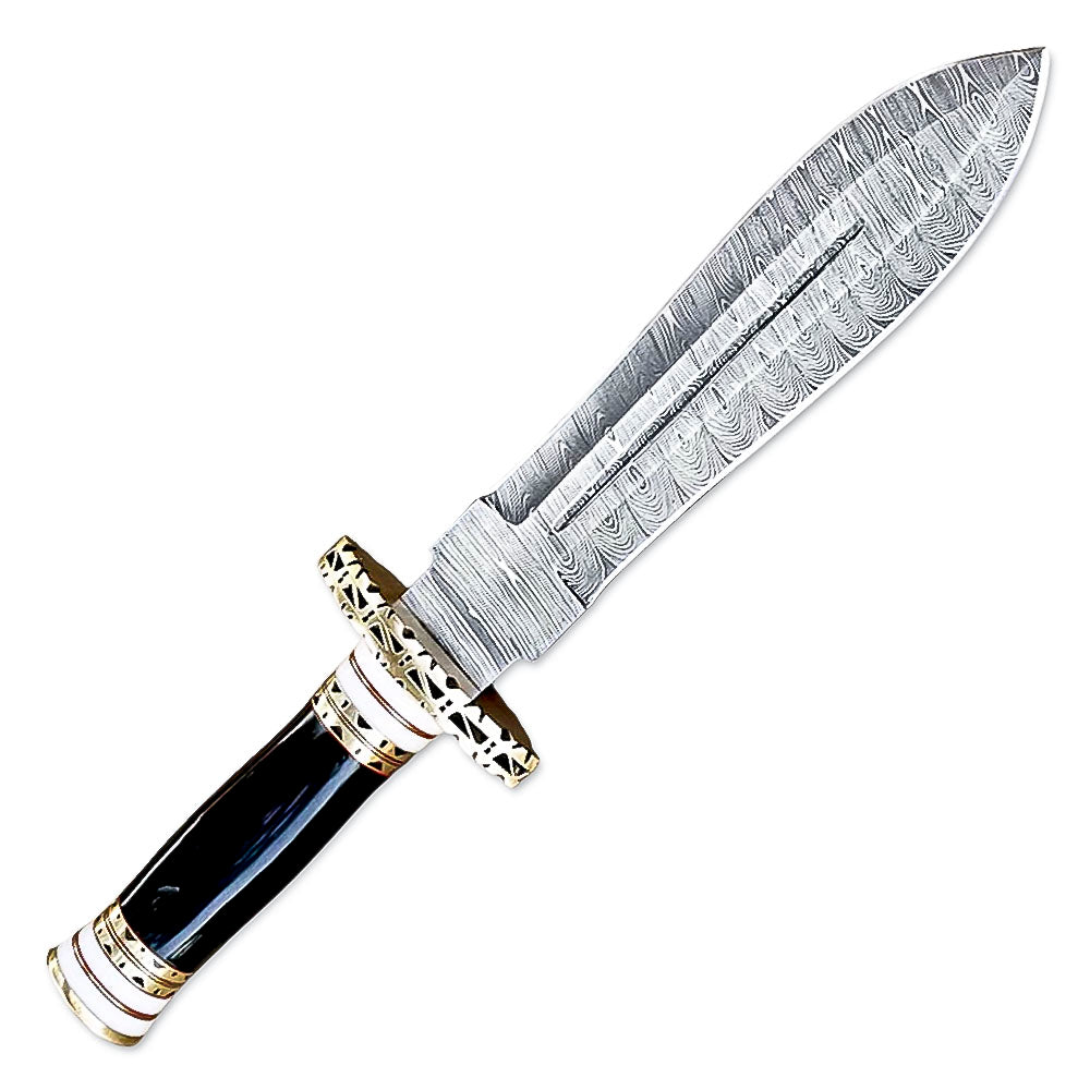 12" Handmade Damascus Steel Dagger Knife With Leather Sheth- Bone & Buffalo Horn Handle - propswords