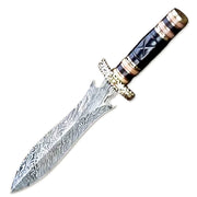 13" HandForged Damascus Steel Rat-Tail Double Edge Dagger Knife Buffalo Horn & Bone Handle With Leather Sheath