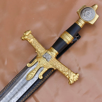 40" Handmade Medieval King David Solomon Damascus Steel Sword With Leather Sheath - propswords