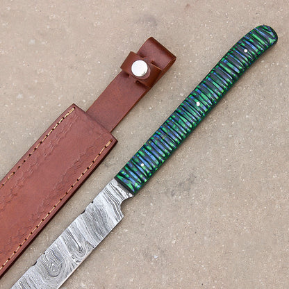 28" Custom Damascus Steel Full Tang Machete Sword Survival Hunting Knife With Leather Sheath - propswords