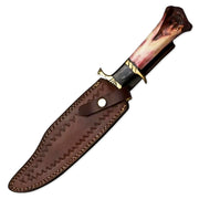 15" Handmade Damascus Steel Rat-Tail Bowie Knife With Leather Sheath Color Bone Handle
