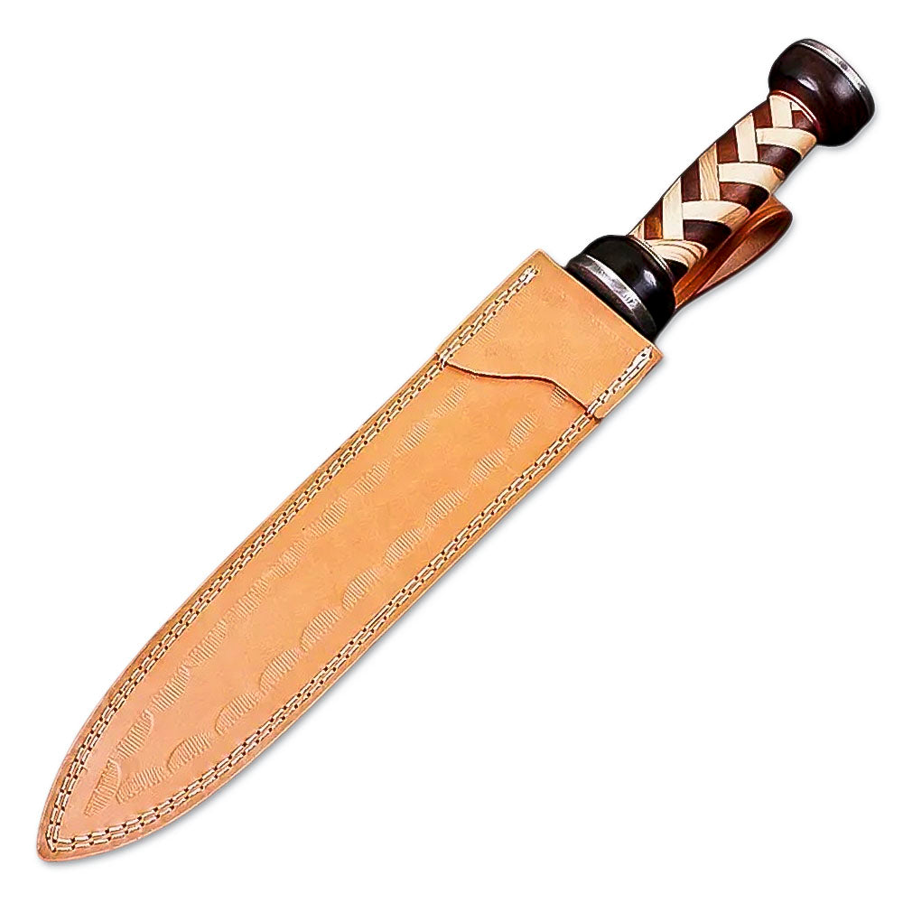 15" Handmade Damascus Steel Gladiator Double Edge Dagger Knife With Leather Sheath- Rose Wood & Olive Wood Handle