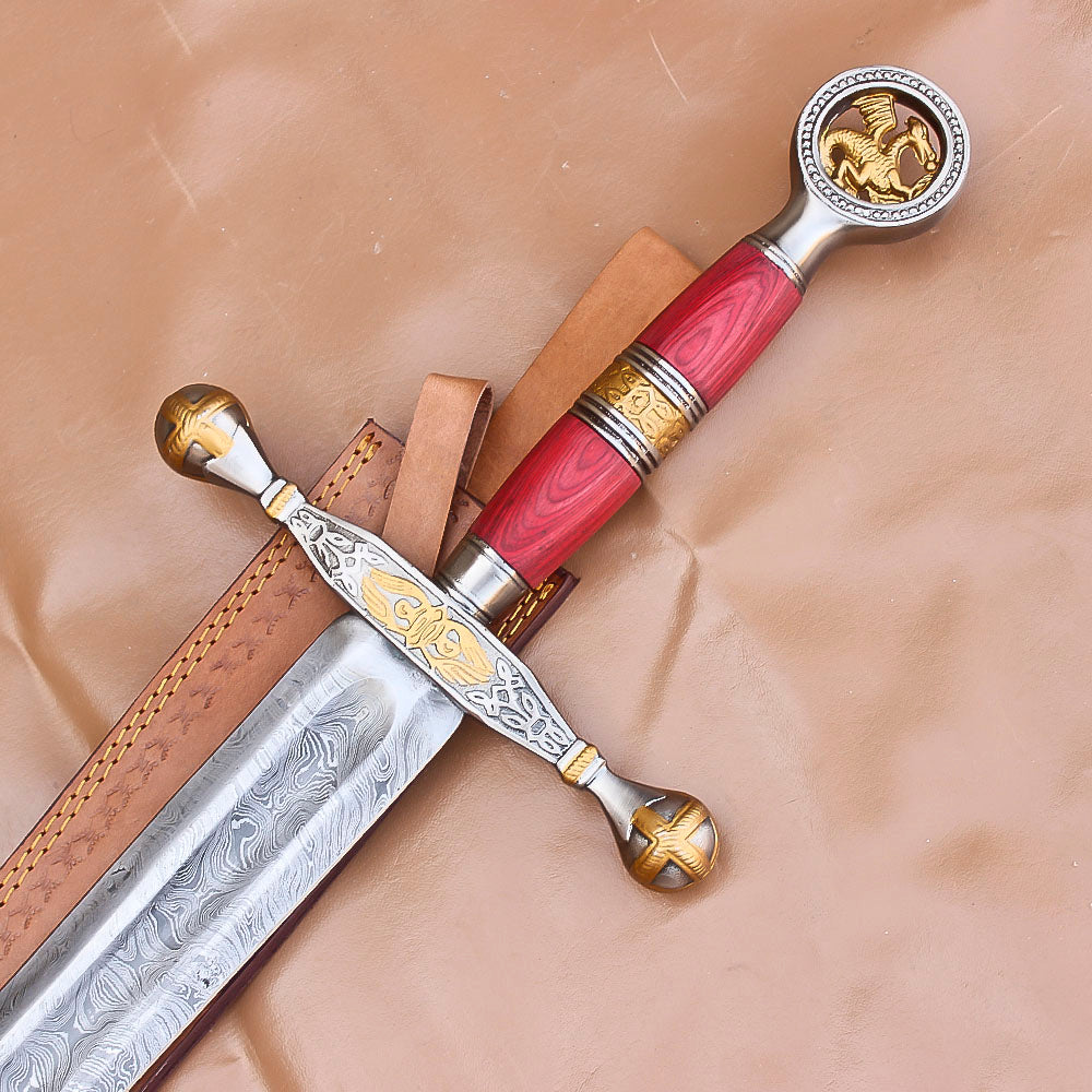 40" Custom Damascus Steel Rat-Tail Football Sword With Leather Sheath - propswords