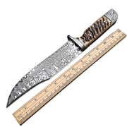 12" Handmade Damascus Steel Full Tang Bowie Hunting Knife Ram Horn Handle With Leather Sheath