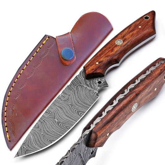 9" Damascus Steel Full Tang Hunting Knife Rose Wood Handle With Leather Sheath For Camping, Outdoor, Hunting, Fishing