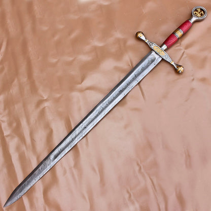 40" Custom Damascus Steel Rat-Tail Football Sword With Leather Sheath - propswords