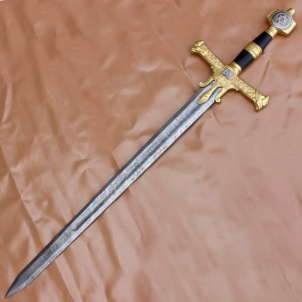 40" Handmade Medieval King David Solomon Damascus Steel Sword With Leather Sheath - propswords