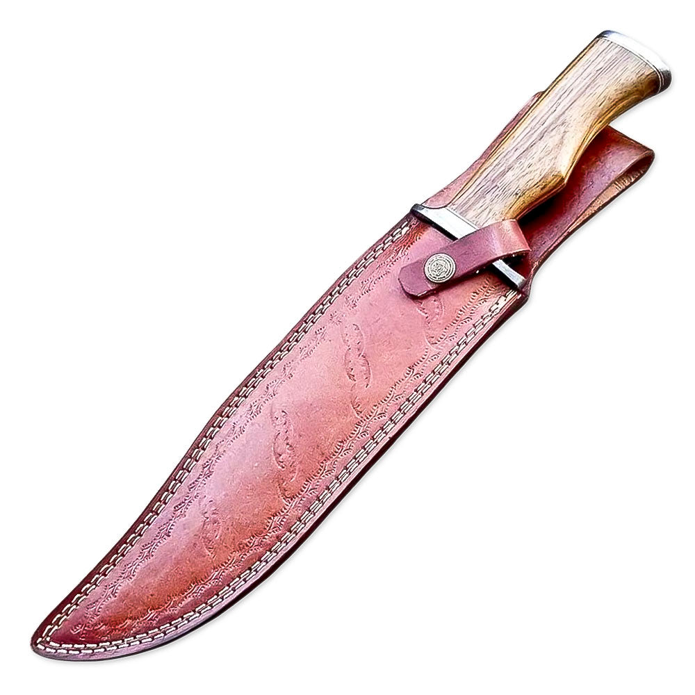 15" Handmade Damascus Steel Rat-Tail Bowie Knife Rose wood Handle With Leather Sheath