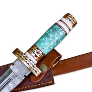 13" HandForged Damascus Steel Rat-Tail Double Edge Dagger Knife Resin & Bone Handle With Leather Sheath