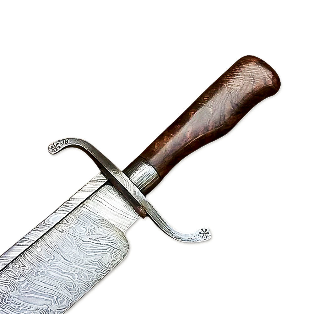 15" Handmade Damascus Steel Rat-Tail Bowie Knife Rose Wood Handle With Leather Sheath- Camping, Hunting, Outdoor