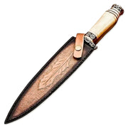 13" Handmade Damascu Steel Rat-Tail Duble Edge Kris Blade Dagger Knife Bone Handle With Leather Sheath