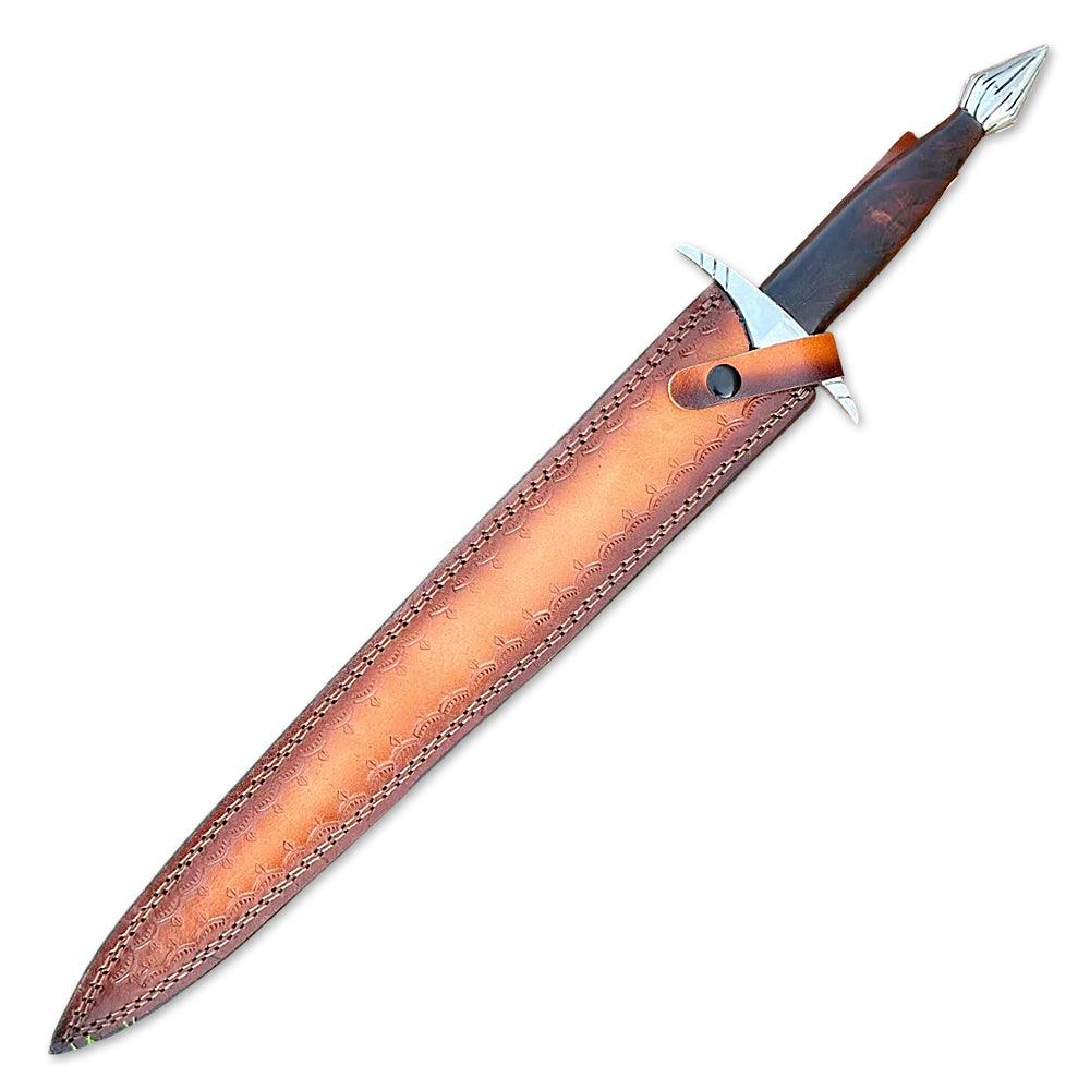 Handmade Damascus Steel Double Edge Short Sword With Leather Sheath - propswords