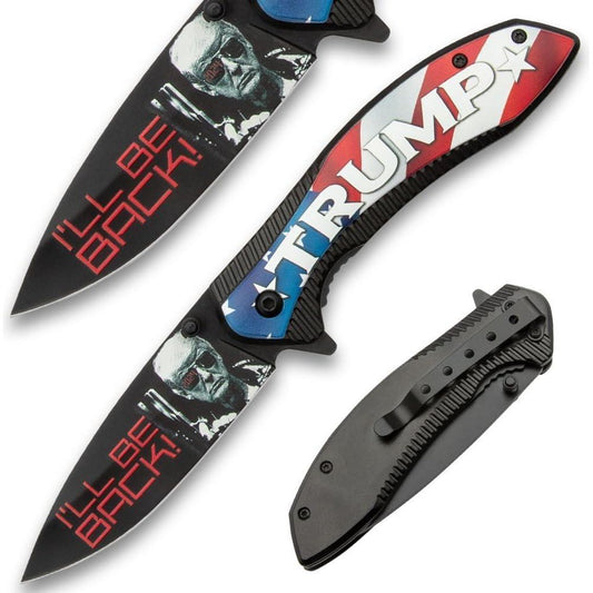 Trump 2024 Pocket Knife - 3D Printed Stainless Steel Blade, Titanium Coated Aluminum And Wood Handle - propswords