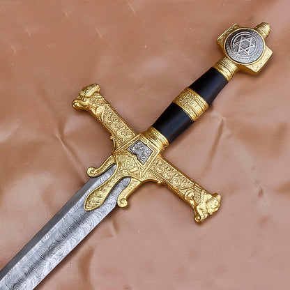 40" Handmade Medieval King David Solomon Damascus Steel Sword With Leather Sheath - propswords
