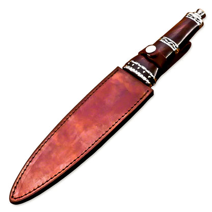 14" HandForged Damascus Steel Rat-Tail Dagger Knife Rose wood Handle With Leather Sheath - propswords