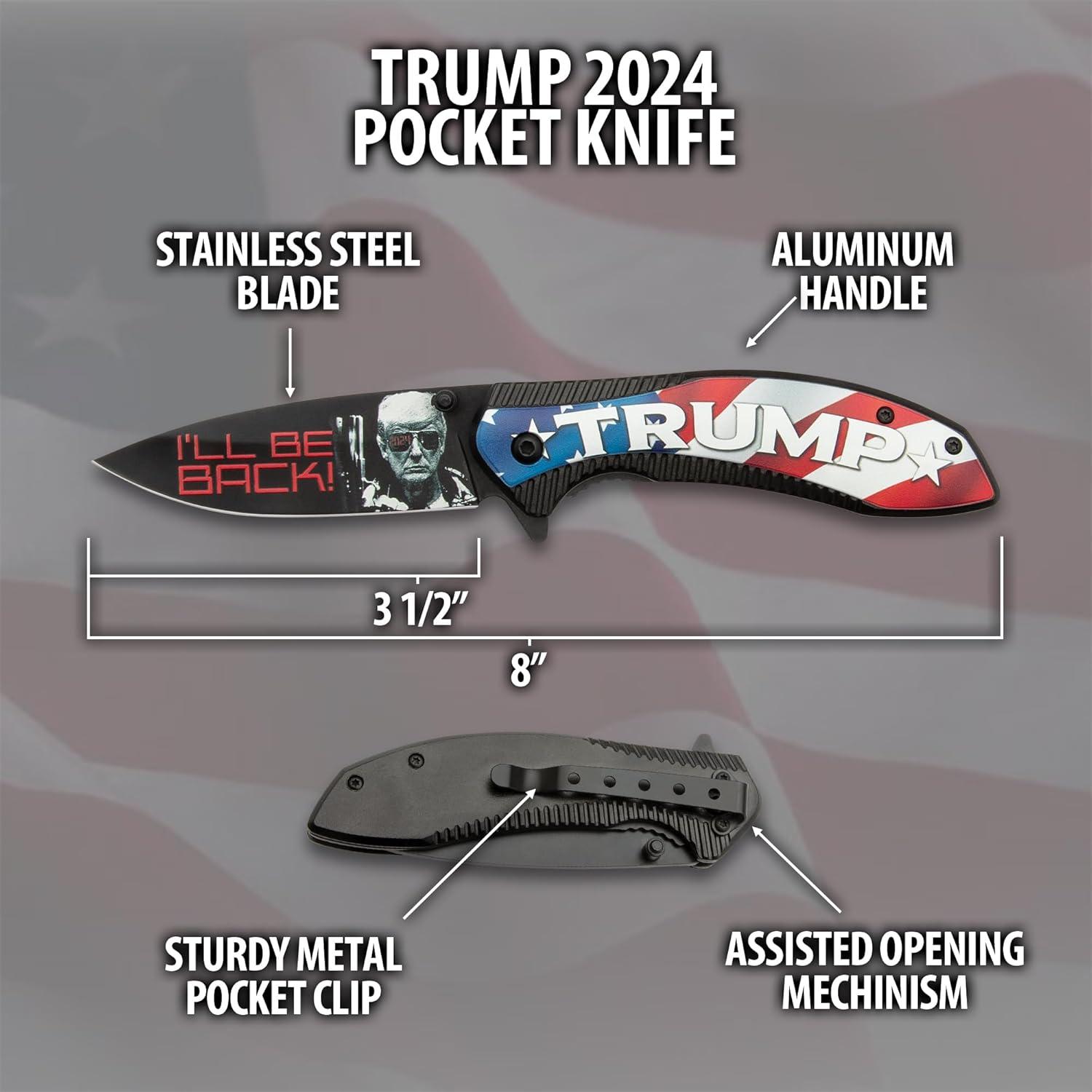 Trump 2024 Pocket Knife - 3D Printed Stainless Steel Blade, Titanium Coated Aluminum And Wood Handle - propswords