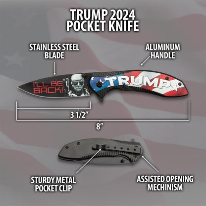 Trump 2024 Pocket Knife - 3D Printed Stainless Steel Blade, Titanium Coated Aluminum And Wood Handle - propswords