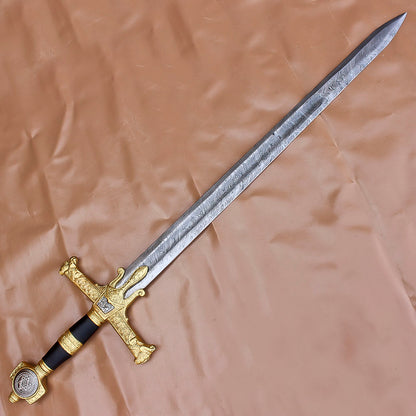 40" Handmade Medieval King David Solomon Damascus Steel Sword With Leather Sheath - propswords