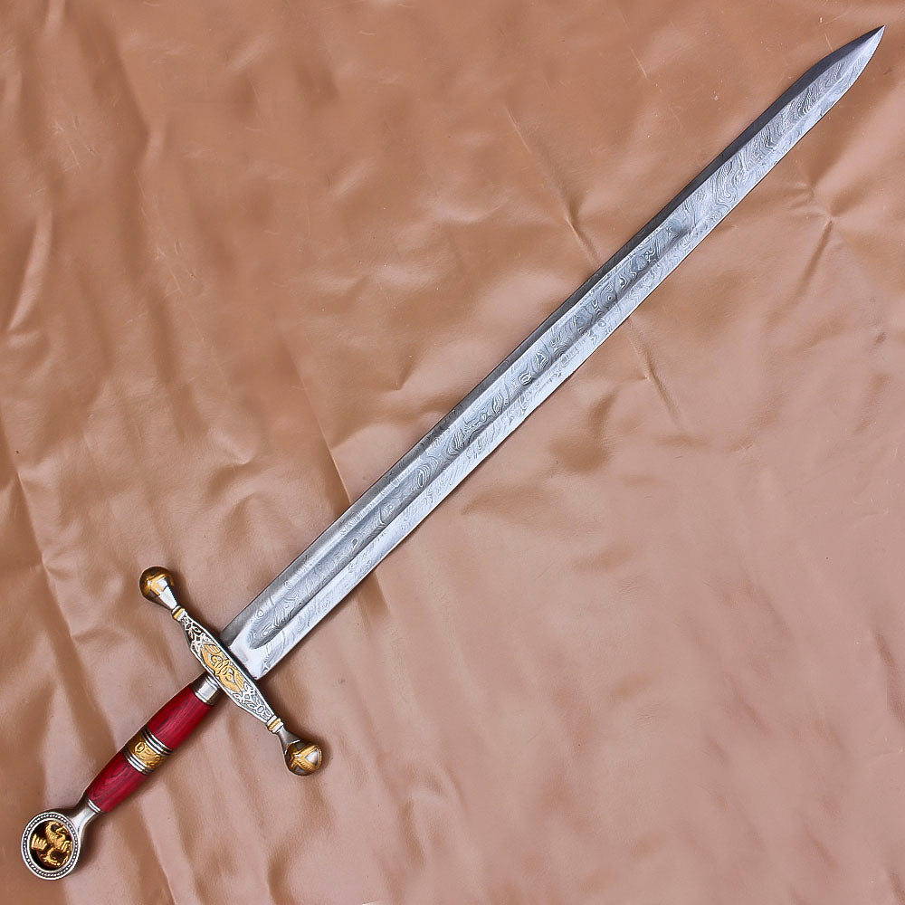 40" Custom Damascus Steel Rat-Tail Football Sword With Leather Sheath - propswords