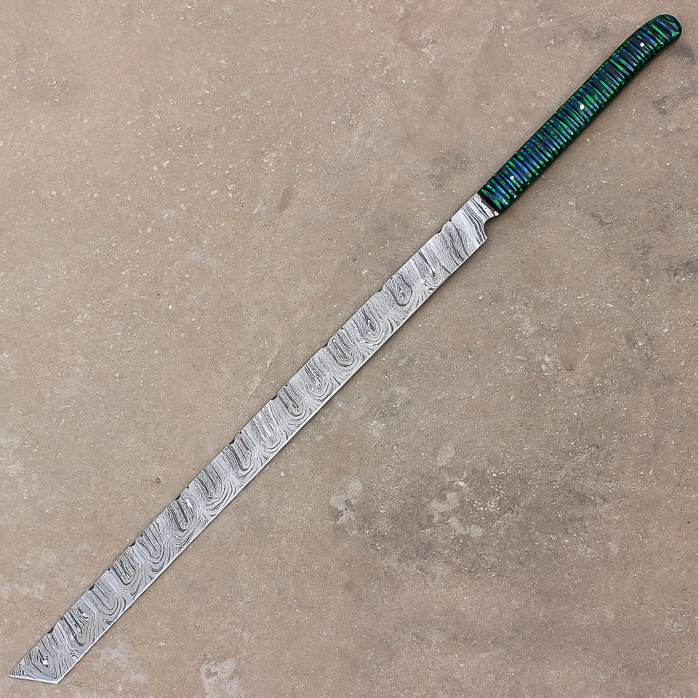 28" Custom Damascus Steel Full Tang Machete Sword Survival Hunting Knife With Leather Sheath - propswords