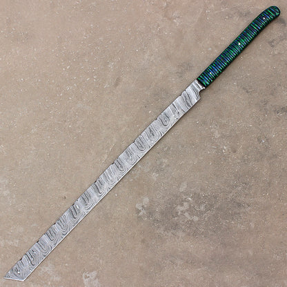 28" Custom Damascus Steel Full Tang Machete Sword Survival Hunting Knife With Leather Sheath - propswords