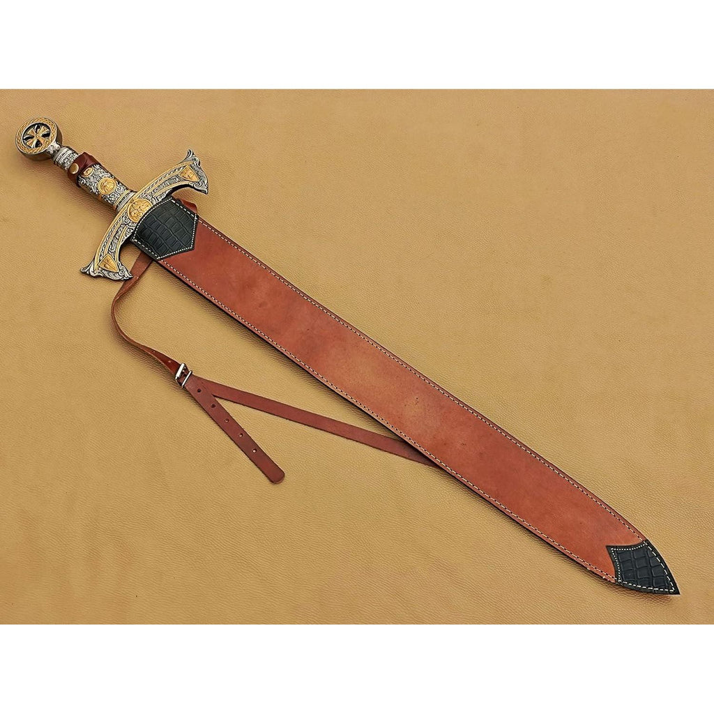 Handmade Medieval Templar Knigths Sword/Scared Holy Damascus Longsword Sword with Leather Sheath - propswords