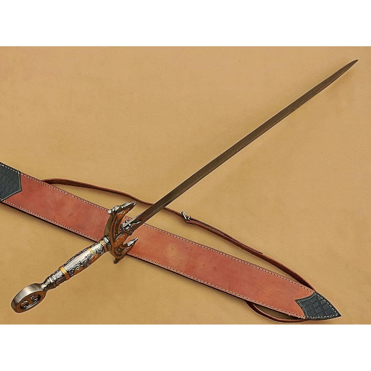 Handmade Medieval Templar Knigths Sword/Scared Holy Damascus Longsword Sword with Leather Sheath - propswords
