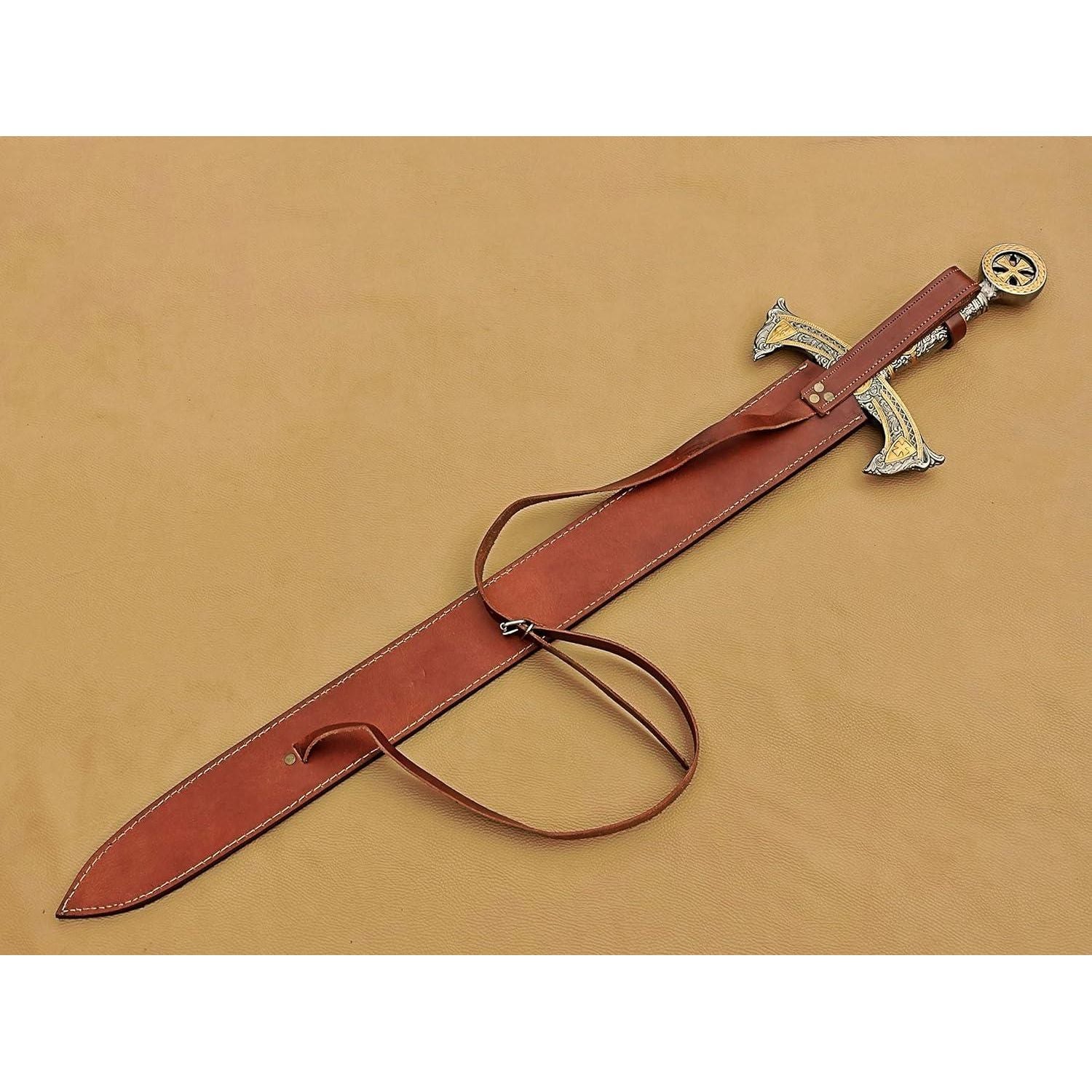 Handmade Medieval Templar Knigths Sword/Scared Holy Damascus Longsword Sword with Leather Sheath - propswords