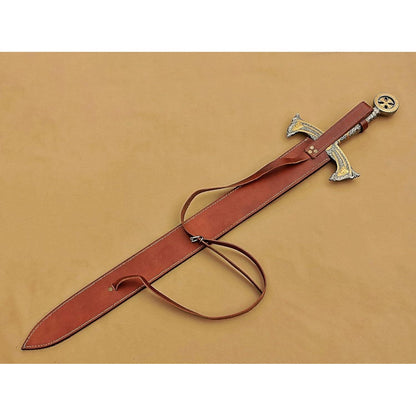 Handmade Medieval Templar Knigths Sword/Scared Holy Damascus Longsword Sword with Leather Sheath - propswords