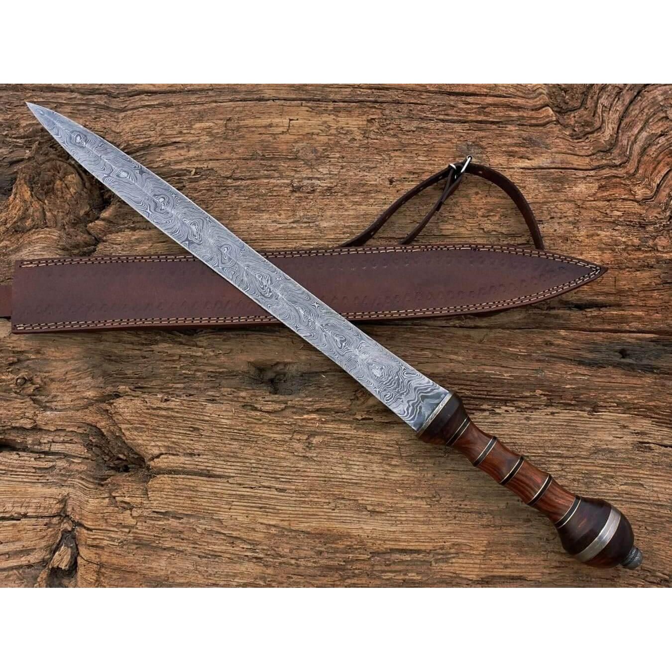 Damascus Steel Gladiator Sword/Handmade Roman Gladius Sword/Sword with Leather - propswords
