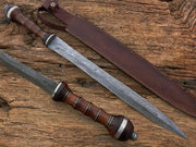 Damascus Steel Gladiator Sword/Handmade Roman Gladius Sword/Sword with Leather - propswords