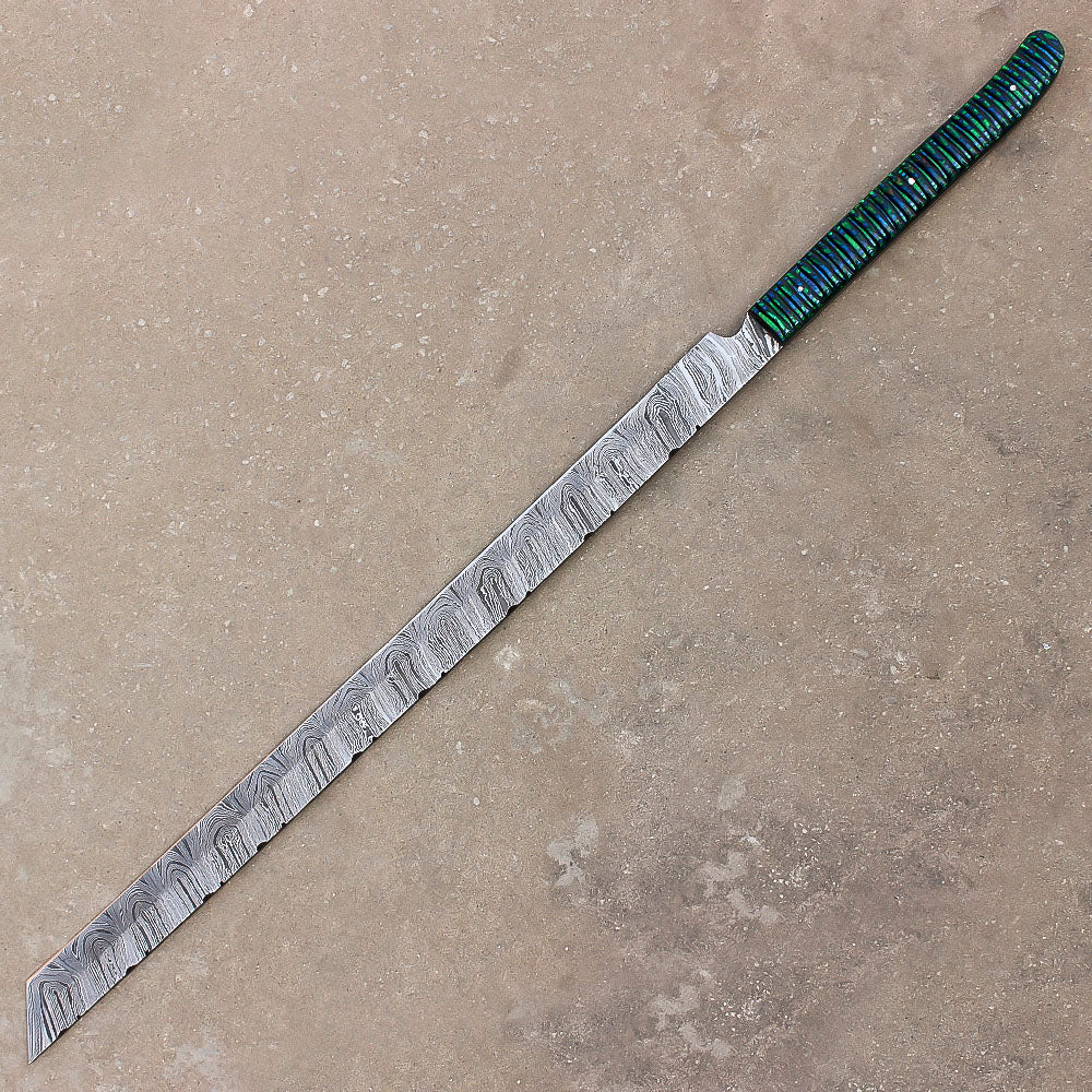 28" Custom Damascus Steel Full Tang Machete Sword Survival Hunting Knife With Leather Sheath - propswords