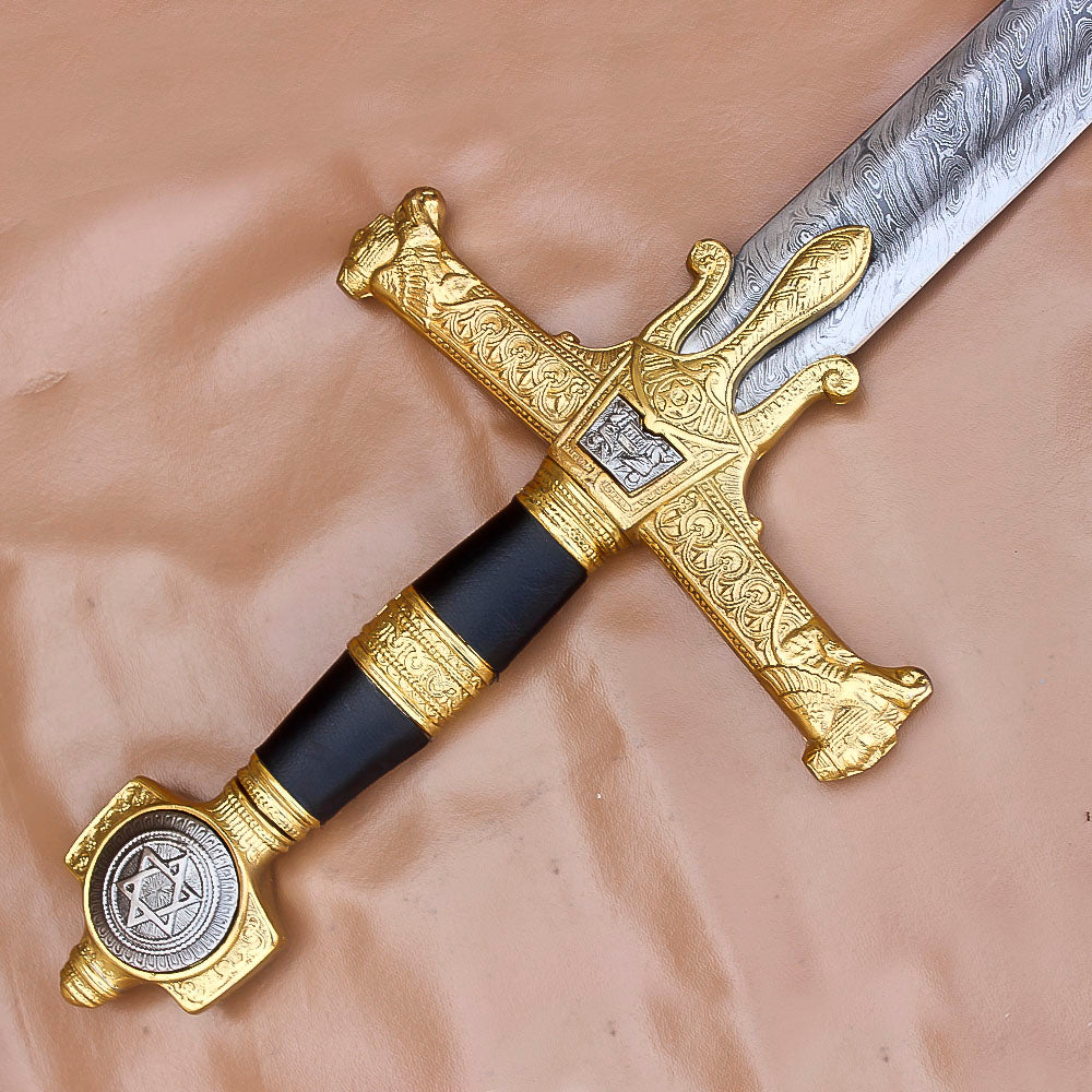 40" Handmade Medieval King David Solomon Damascus Steel Sword With Leather Sheath - propswords
