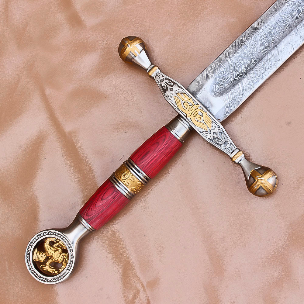 40" Custom Damascus Steel Rat-Tail Football Sword With Leather Sheath - propswords